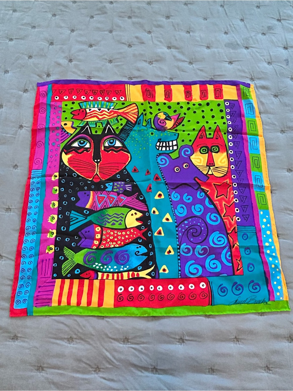 Laurel Burch 100% Silk‎ Scarf 20 x 20” Colorful, Cats & Fish